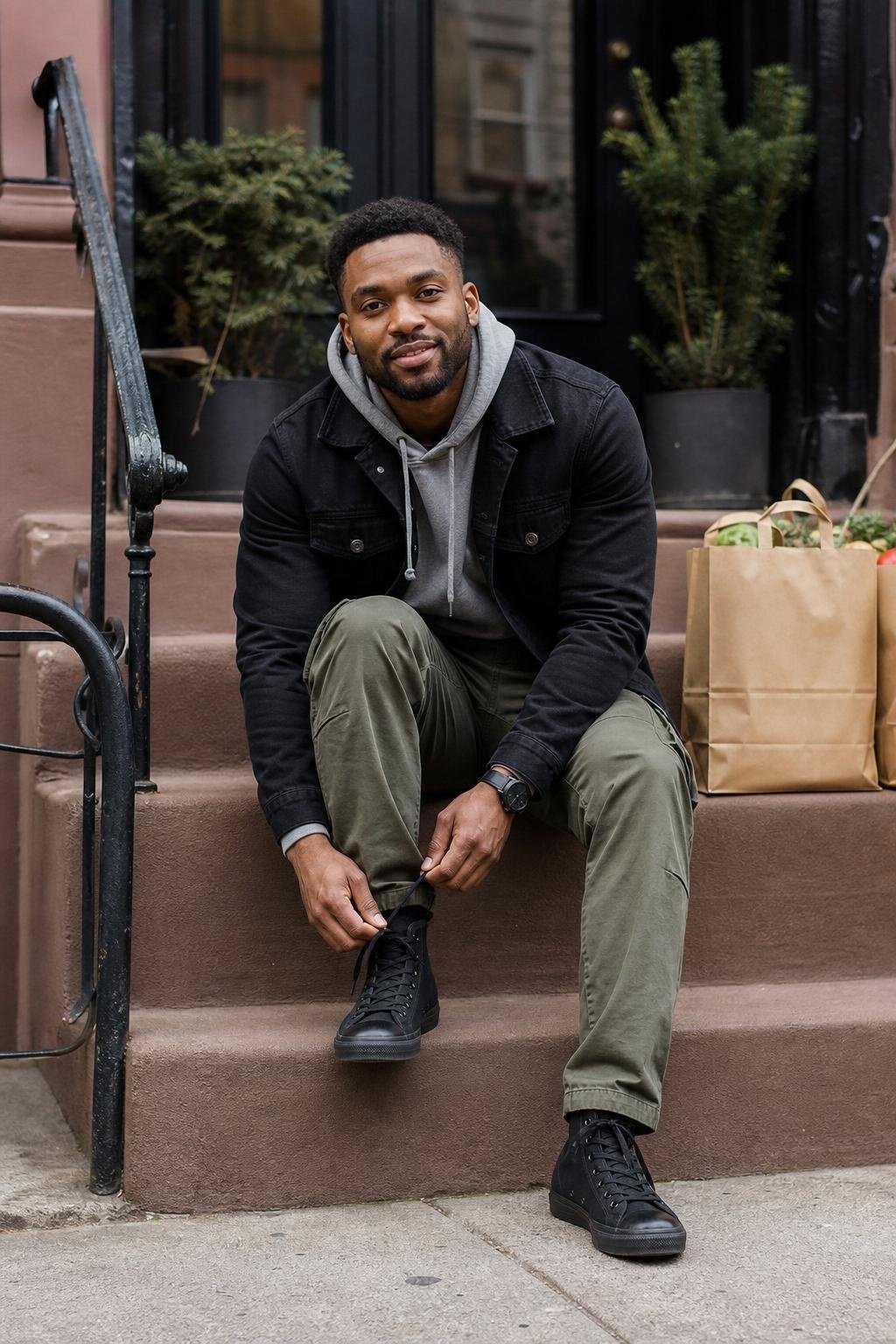Black denim jacket, heather gray hoodie, olive cargo pants, black high-top sneakers, weekend city errand scene (option 2)