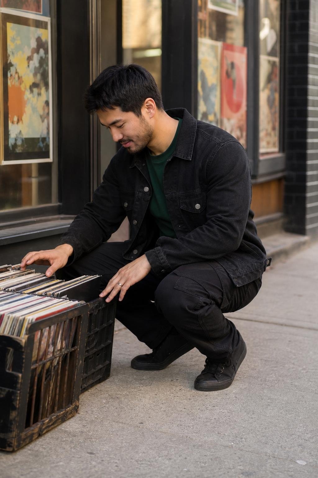 Black denim jacket, khaki utility pants, pine green tee, black canvas sneakers, casual record shop outing (option 2)