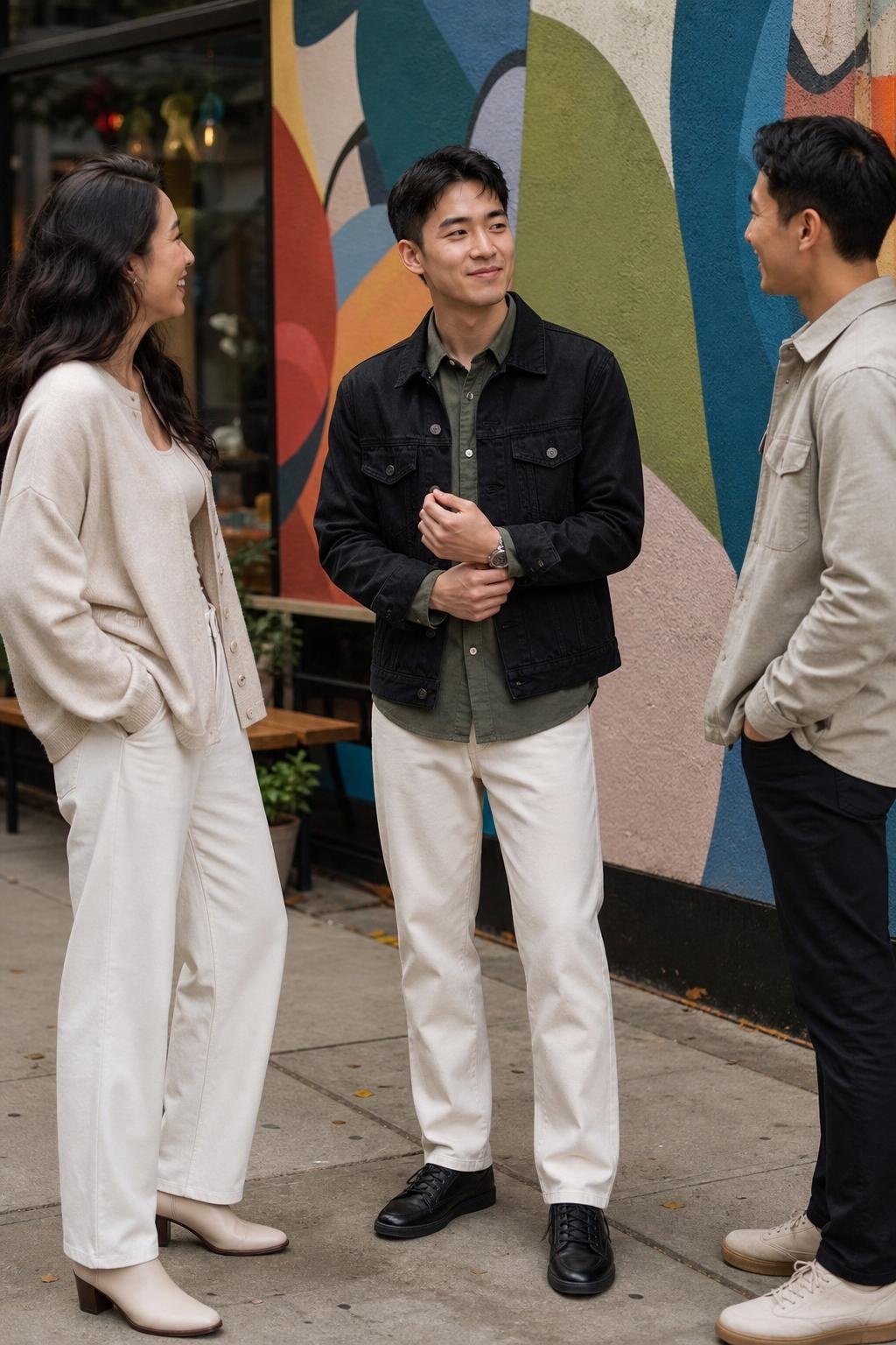 Black denim jacket, moss green shirt, ecru jeans, black leather sneakers, urban mural family portrait (option 2)