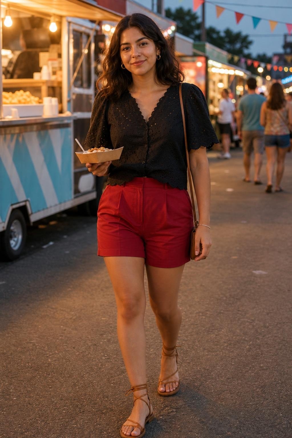 Black eyelet blouse, cherry red tailored shorts, tan lace-up sandals, evening street festival food stalls (option 2)