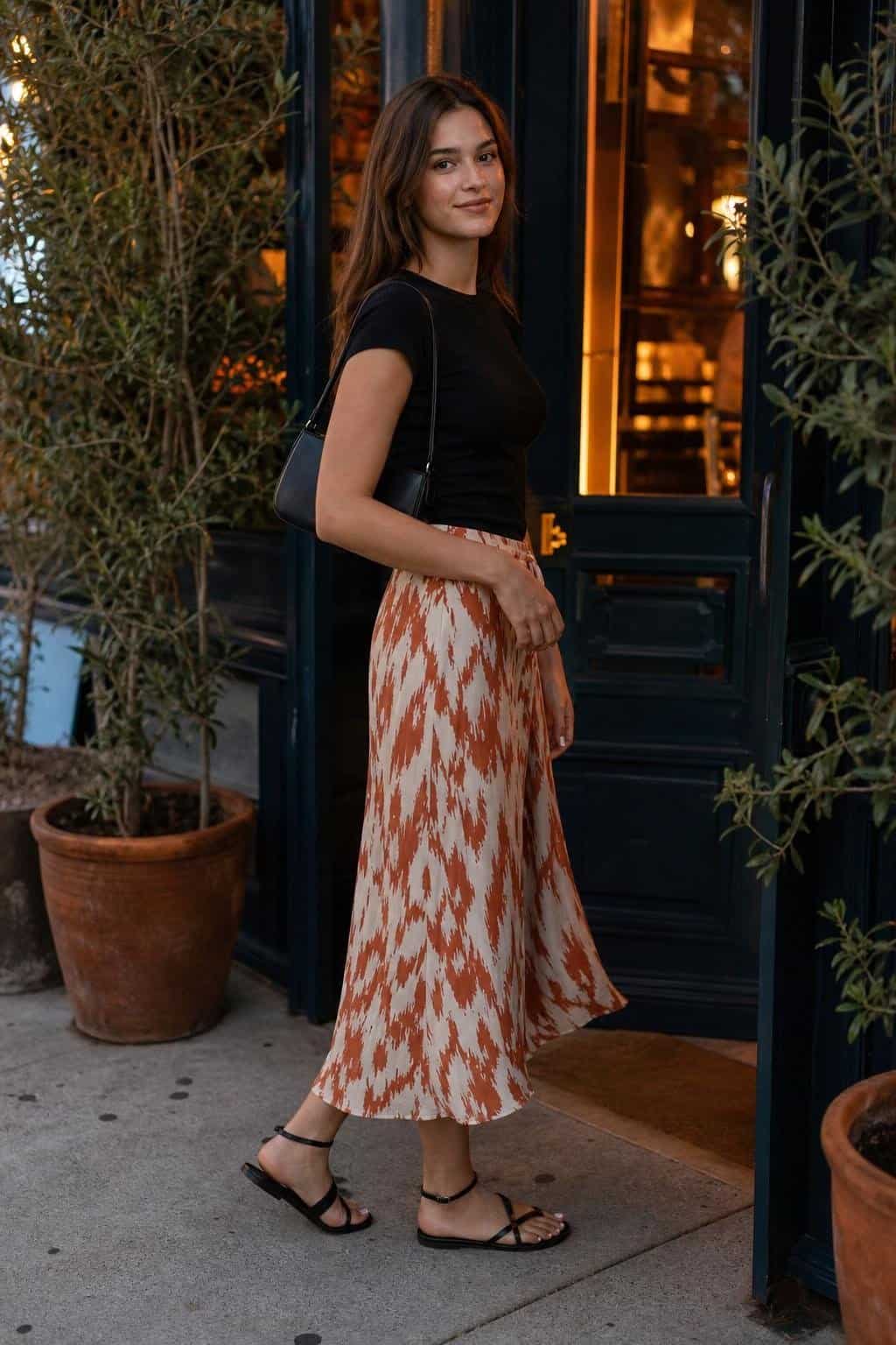 Black fitted tee, printed midi skirt, black sandals, small shoulder bag, evening neighborhood restaurant entrance (option 2)