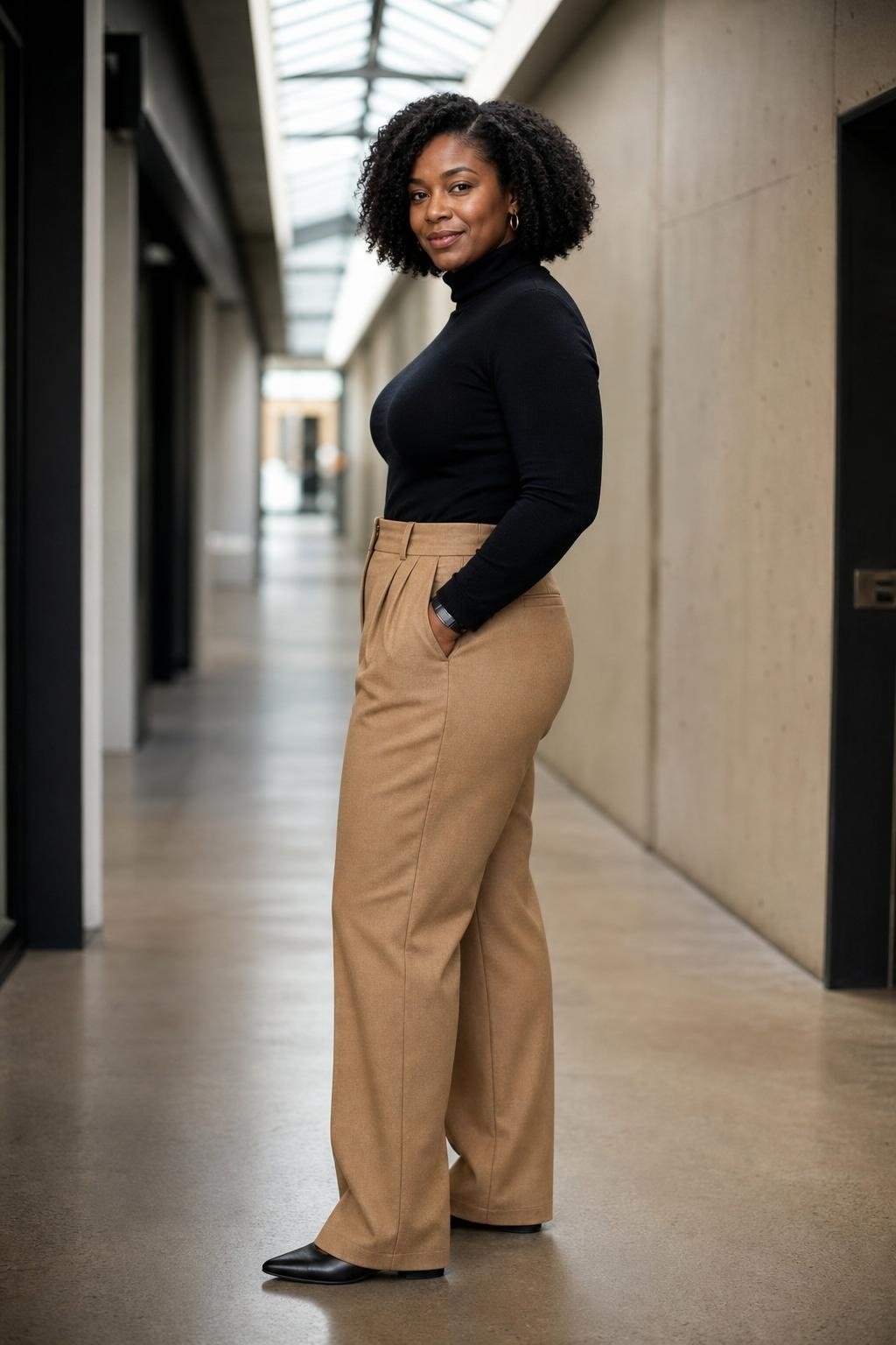 Black fitted turtleneck, camel pleated trousers, black pointed flats, modern office corridor (option 1)