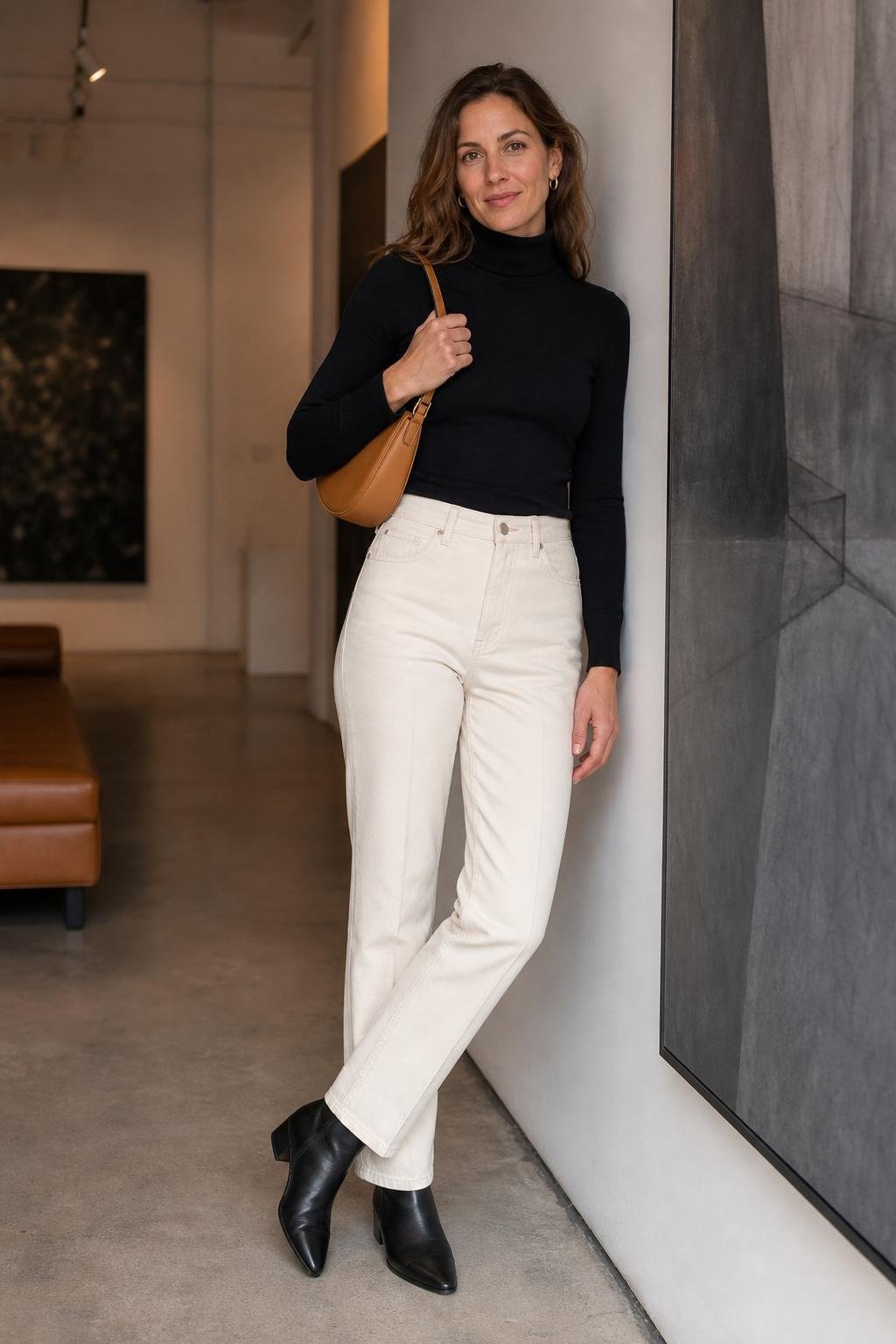 black fitted turtleneck, cream straight jeans, black ankle boots, camel shoulder bag, urban gallery wall (option 2)