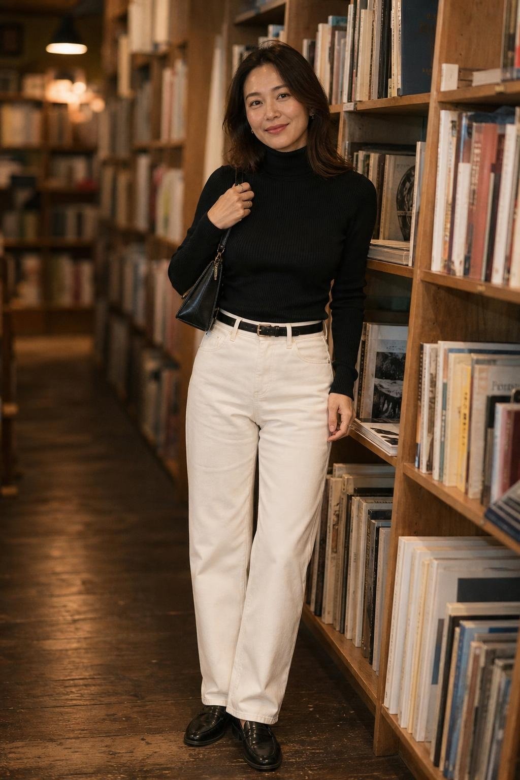 Black fitted turtleneck, ivory straight jeans, black loafers, leather belt, small shoulder bag in a bookshop (option 2)