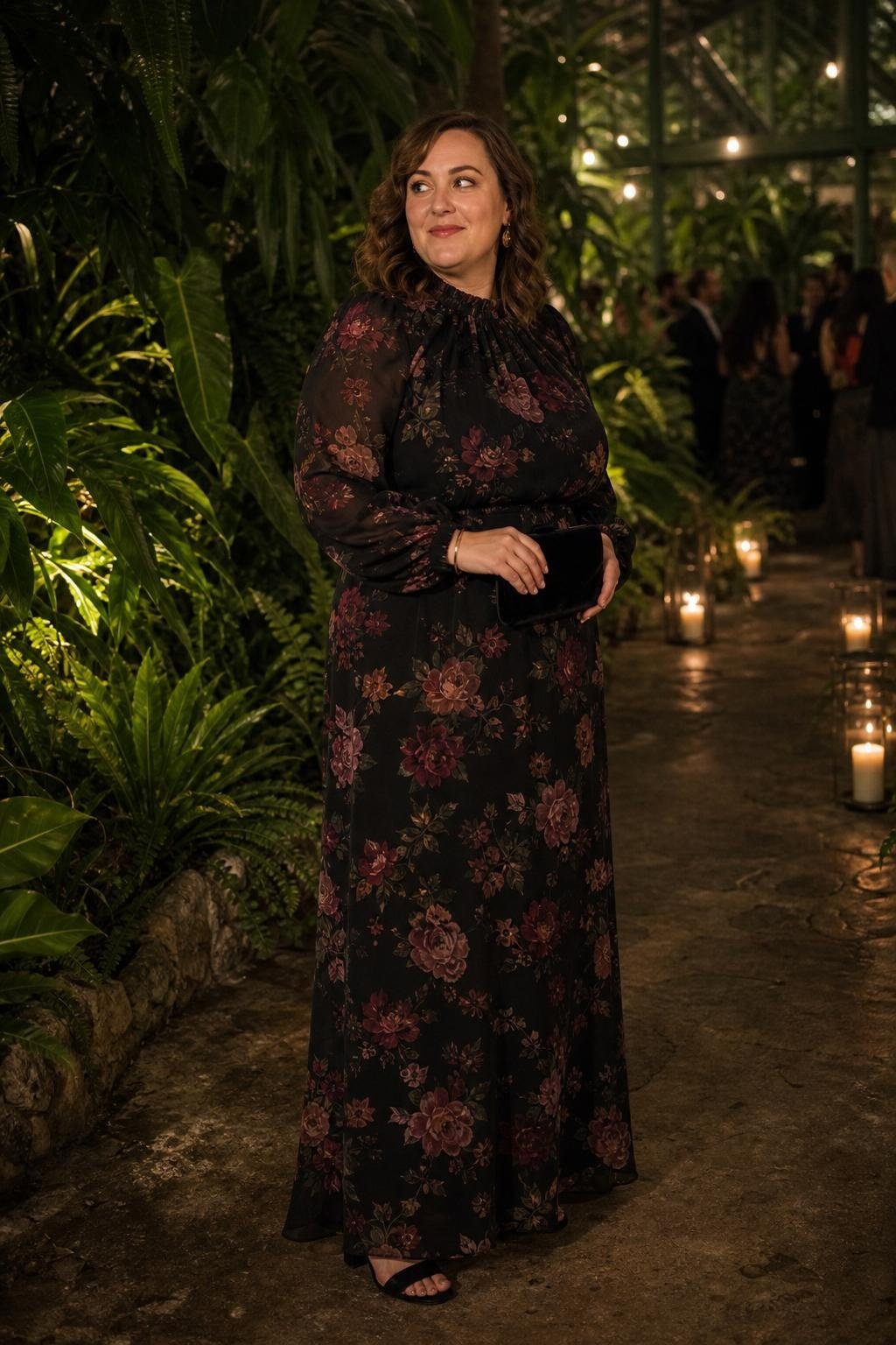 Black floral long-sleeve maxi dress, velvet clutch, moody evening greenhouse wedding (option 2)