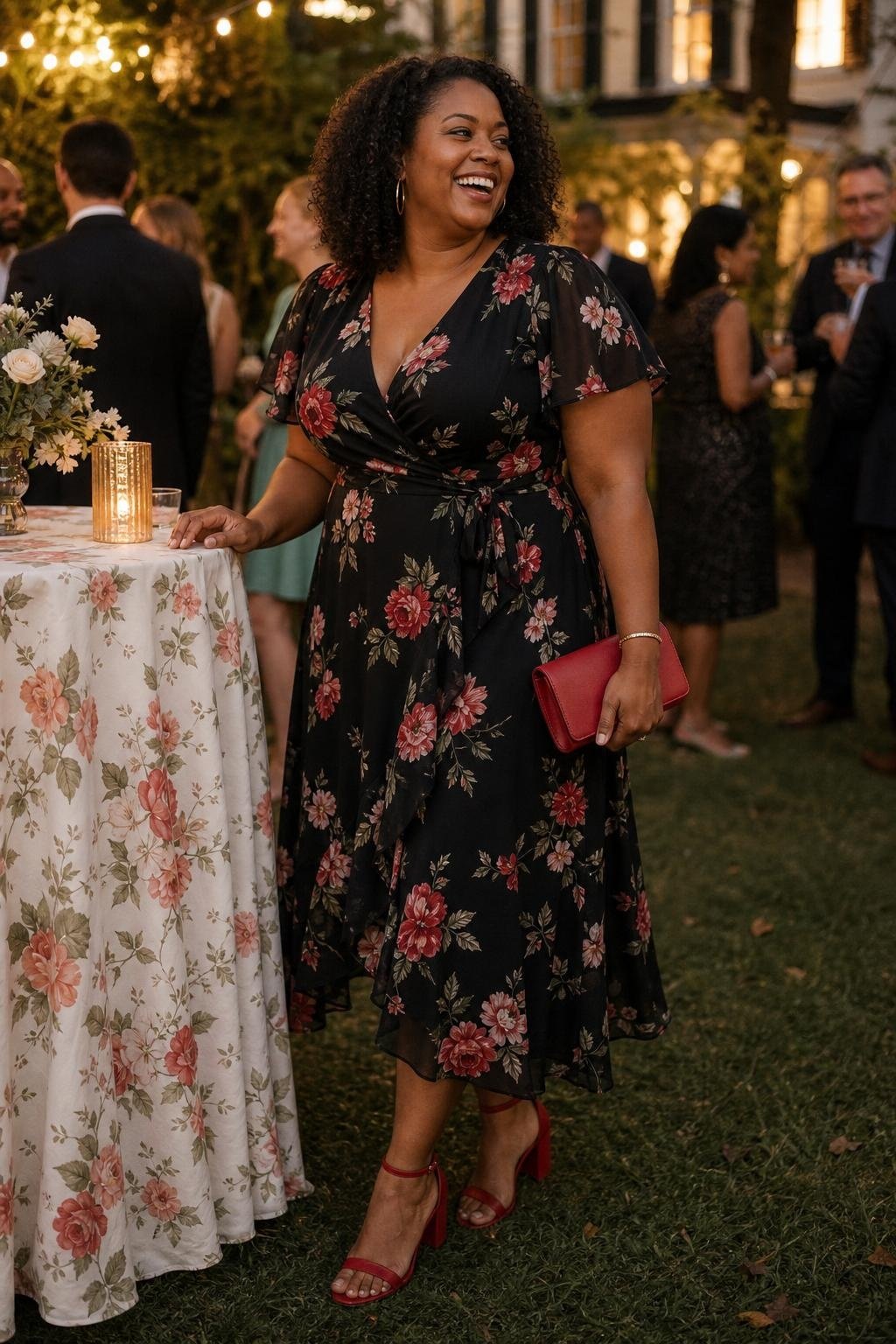 Black floral midi dress with red sandals at an outdoor evening reception (option 2)
