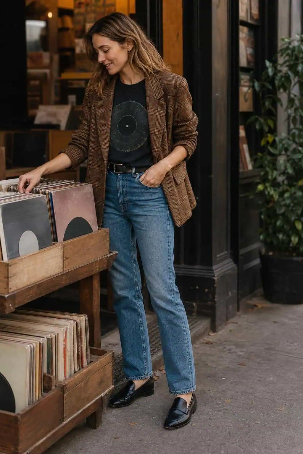 Black graphic tee, brown plaid blazer, vintage-wash jeans, black loafers in a record shop (option 2)