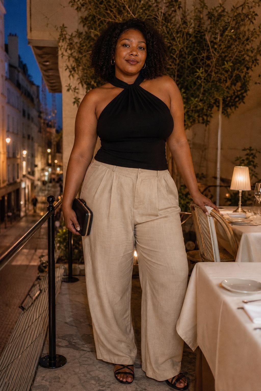 Black halter top, beige relaxed trousers, strappy flat sandals, small clutch, summer dinner terrace (option 2)