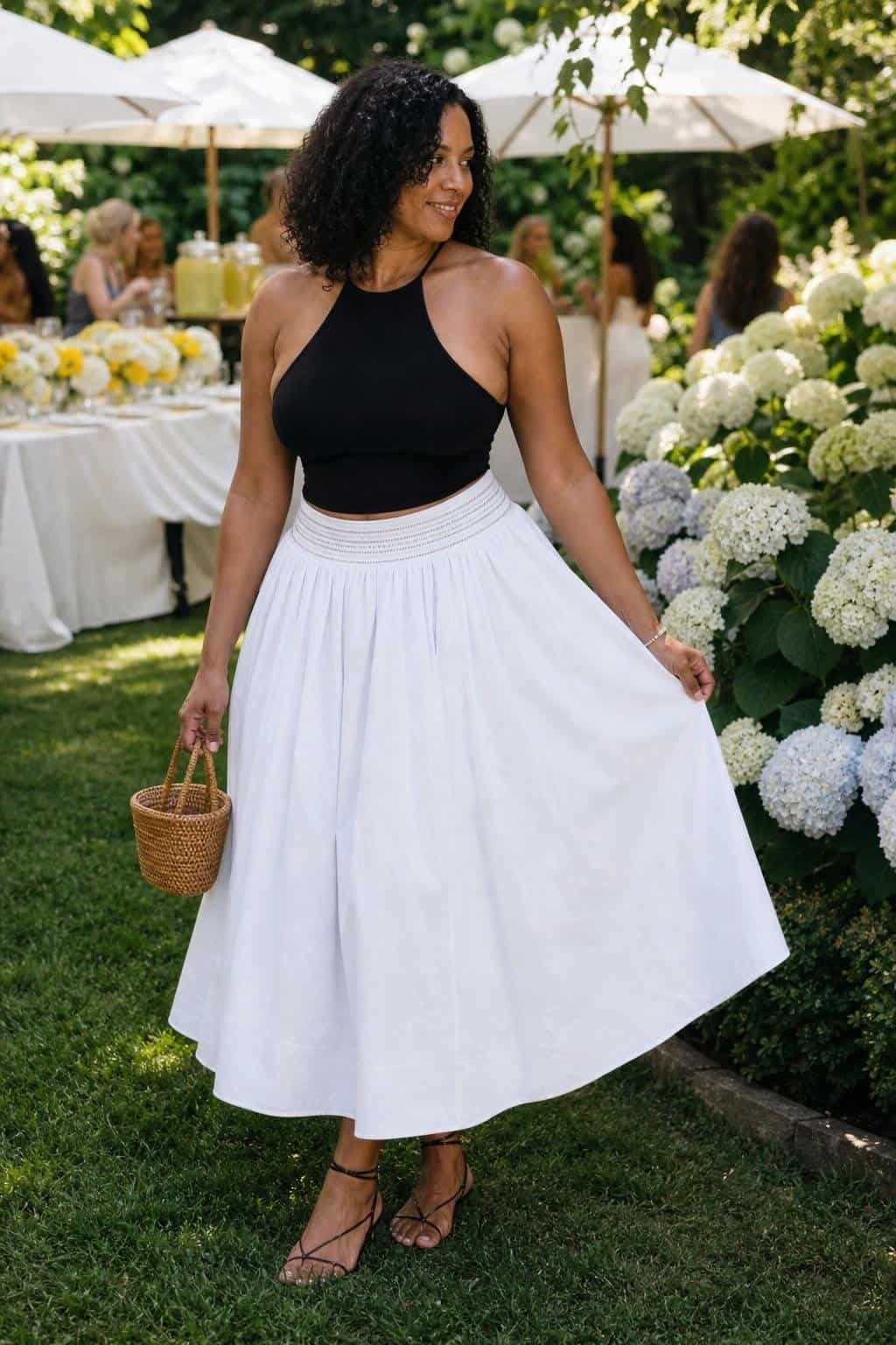 Black halter top, full white cotton midi skirt, strappy flat sandals, small basket bag, garden party afternoon (option 2)
