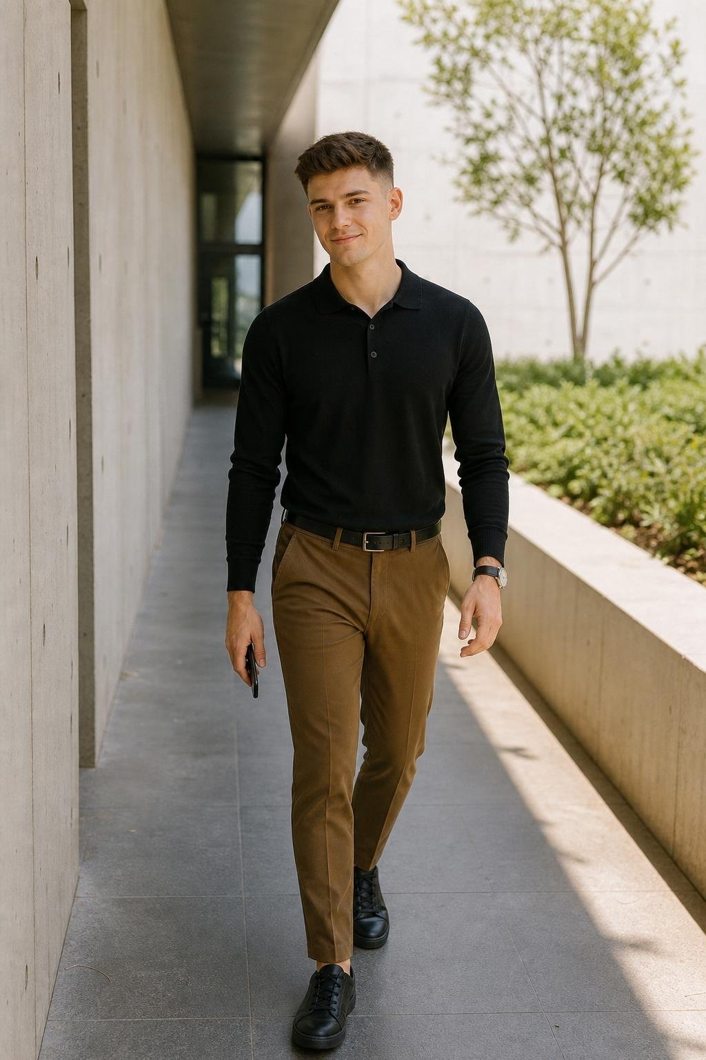 Black knit polo, tobacco chinos, sleek black sneakers in a minimalist office corridor (option 1)