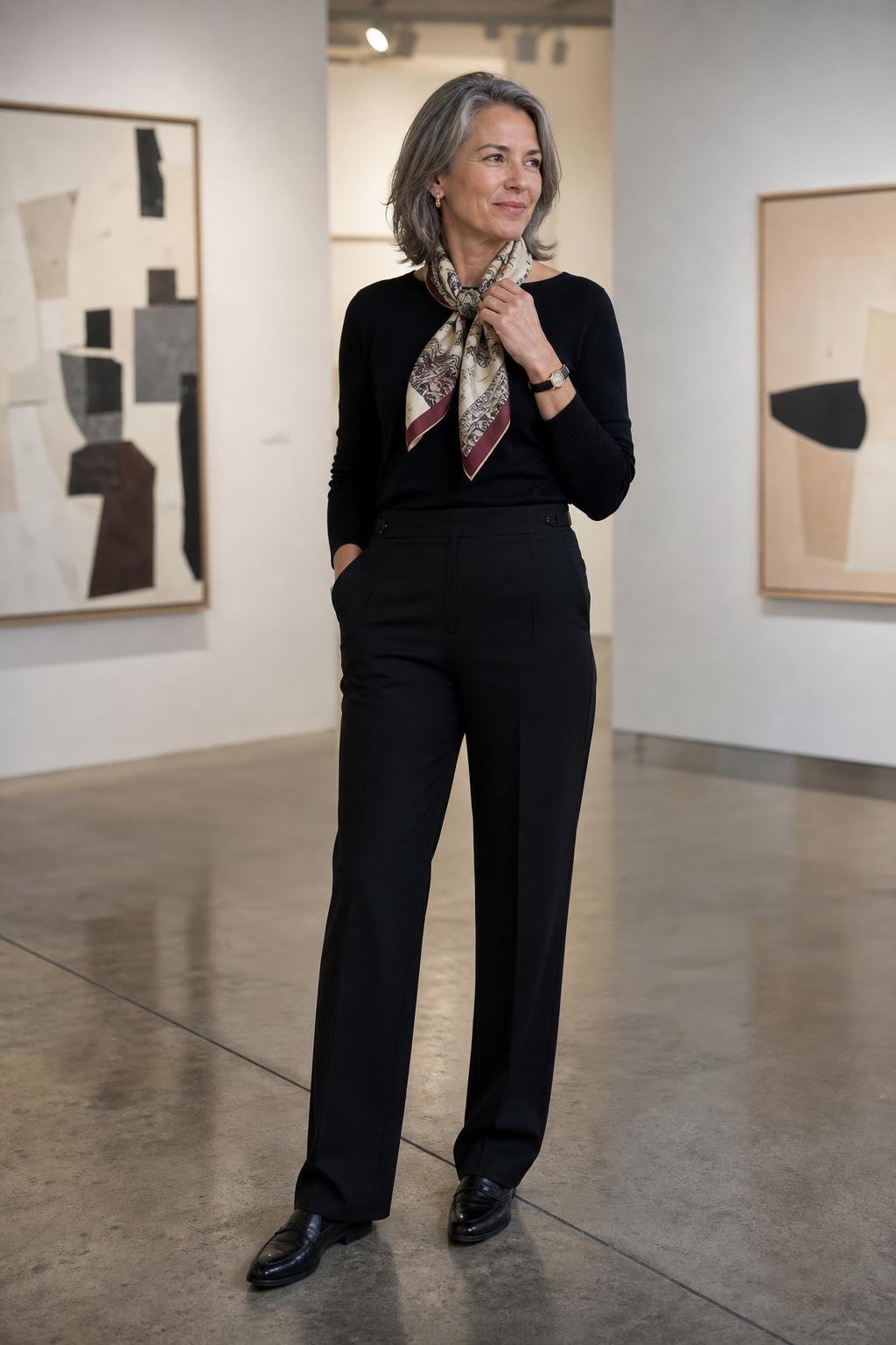 Black knit top, black tailored trousers, printed silk scarf, black loafers in a quiet art gallery (option 1)