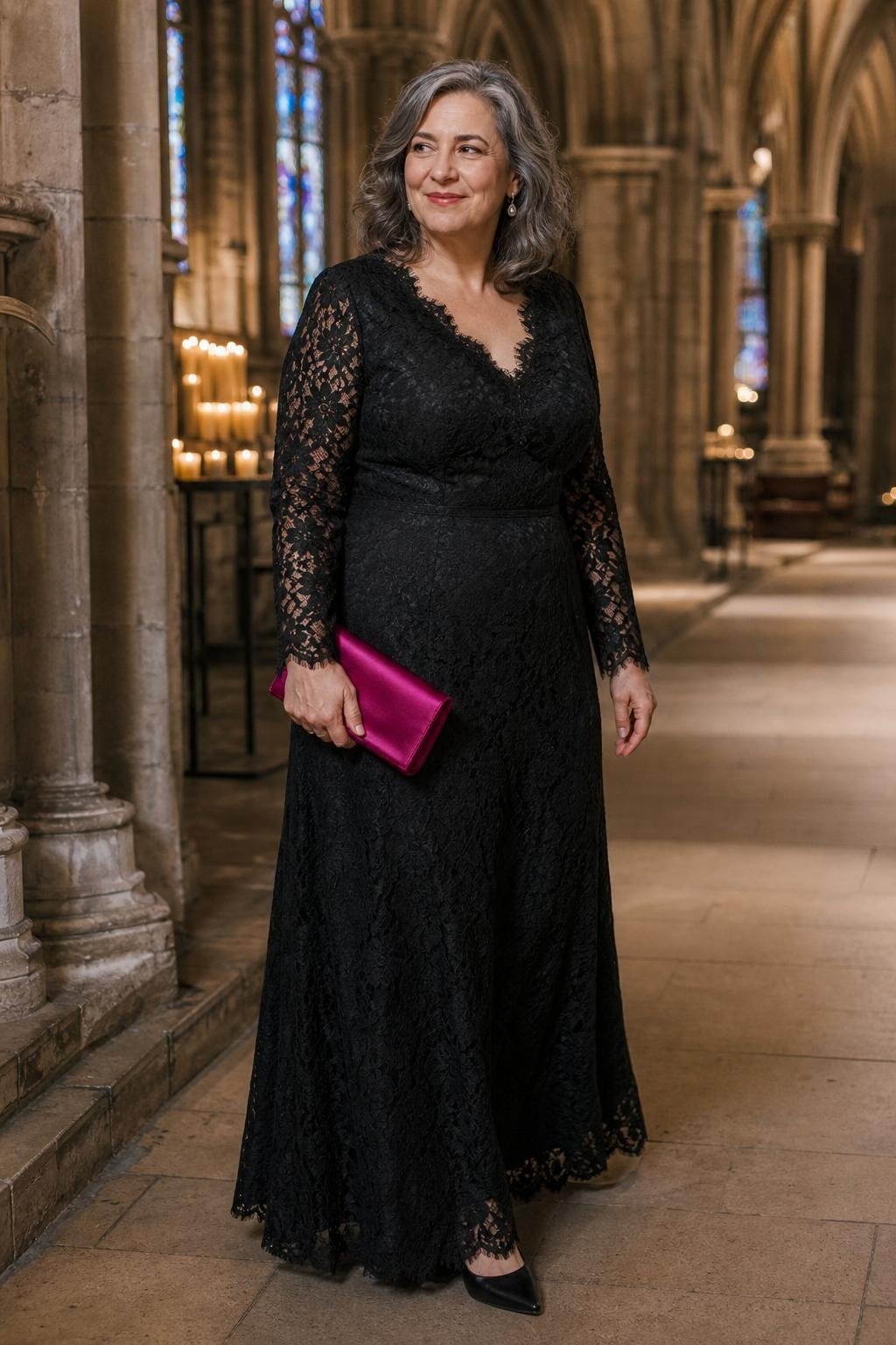 Black lace long-sleeve gown, fuchsia clutch, black heels, dramatic cathedral ceremony (option 2)