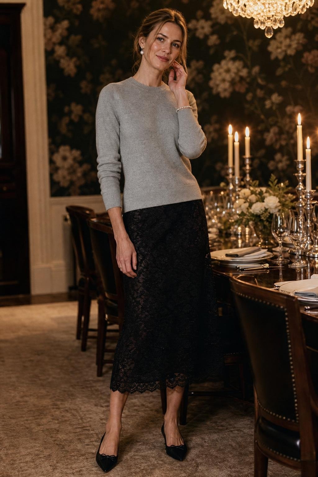 Black lace midi skirt, soft gray cashmere crewneck, pearl earrings, pointed flats, elegant winter dinner (option 1)