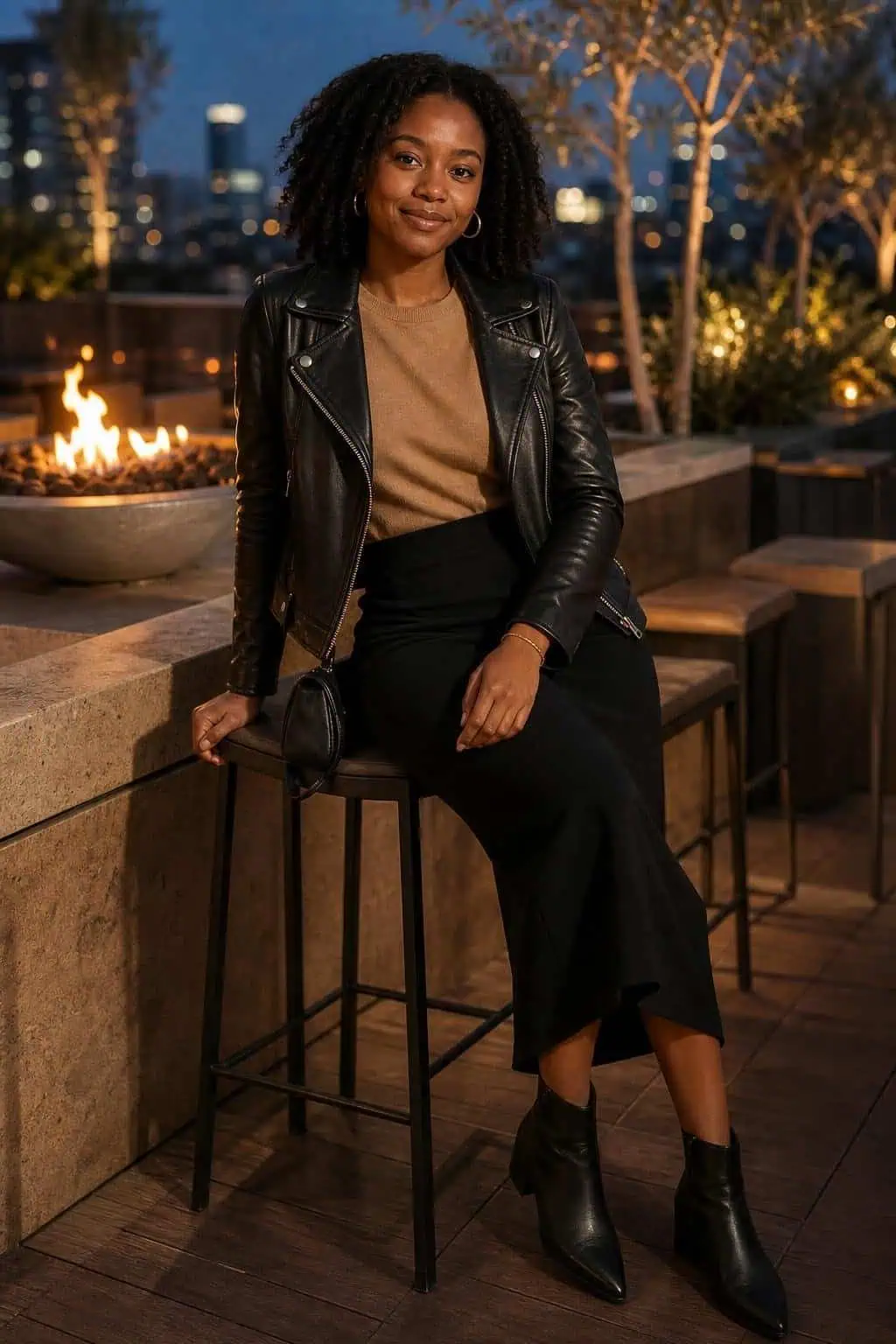 Black leather jacket, camel cashmere crewneck, black midi skirt, ankle boots, evening patio drinks (option 2)