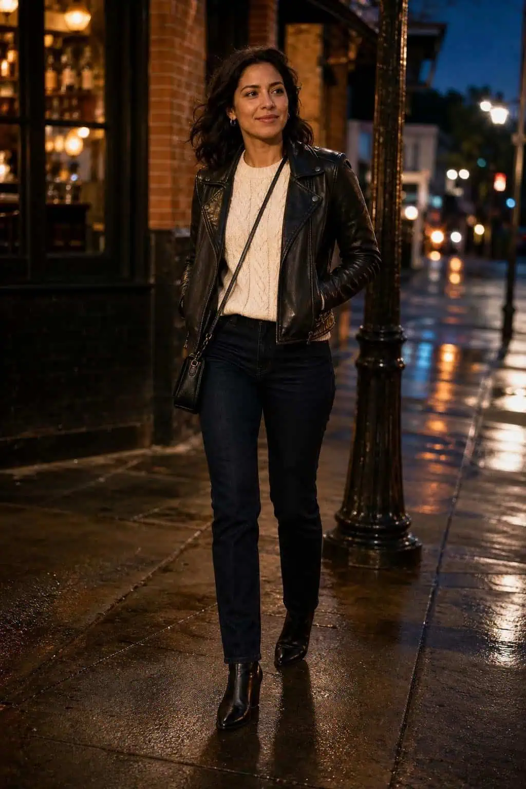 Black leather jacket, cream knit sweater, dark skinny-straight jeans, black boots on an evening sidewalk (option 1)