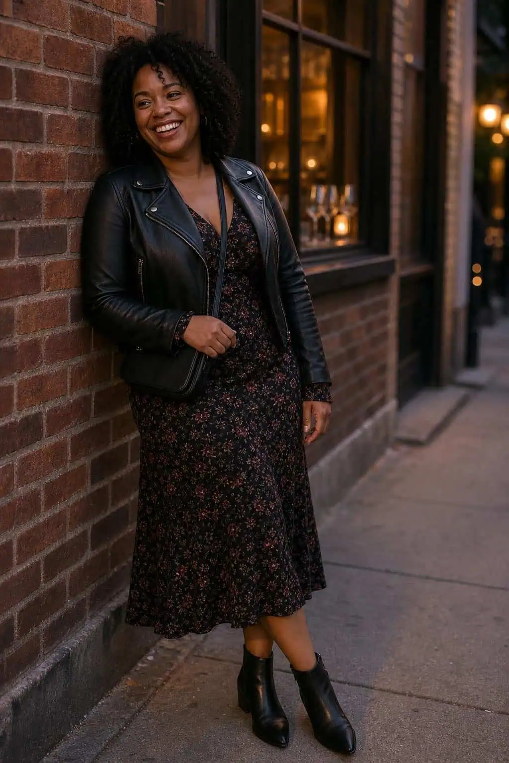 Black leather jacket over dark floral midi dress, pointed ankle boots, small crossbody, casual date night (option 2)