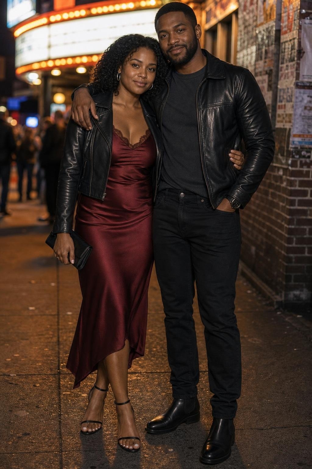 black leather jacket with wine red slip dress and black jeans outside a concert venue (option 1)