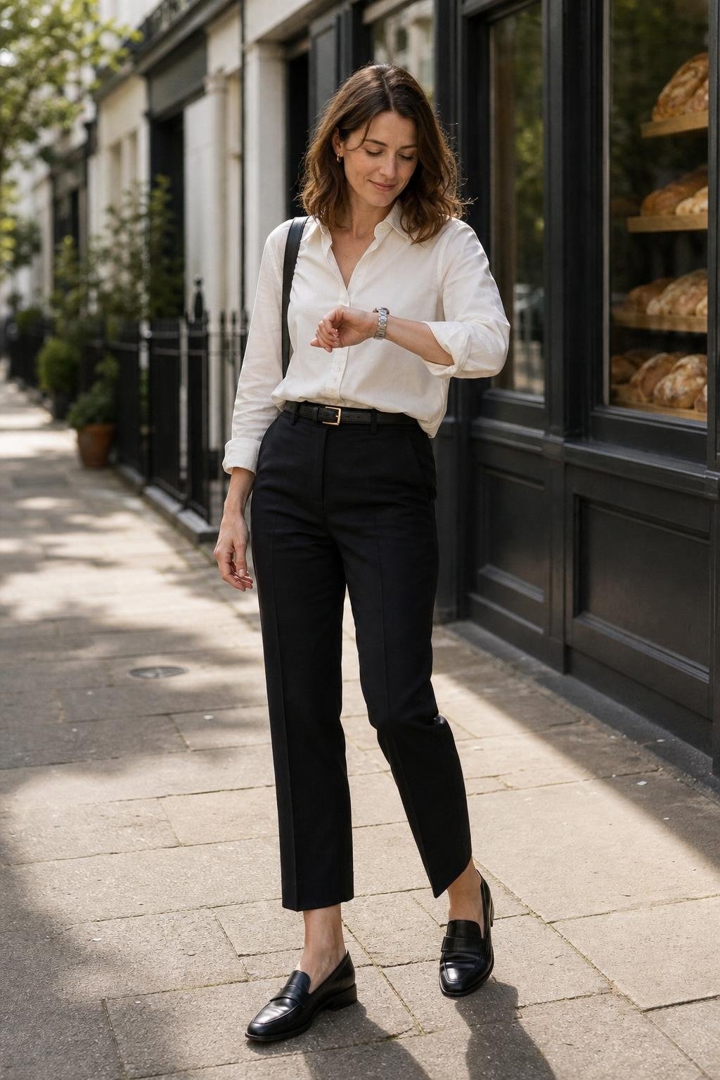 Black leather loafers with cropped trousers, ivory button-down, slim belt, polished errand-day pavement scene (option 1)