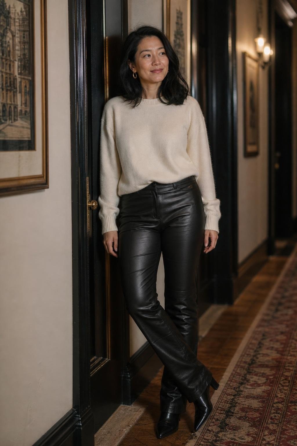 Black leather pants, cream cashmere sweater, gold hoops, pointed boots, polished apartment hallway (option 1)
