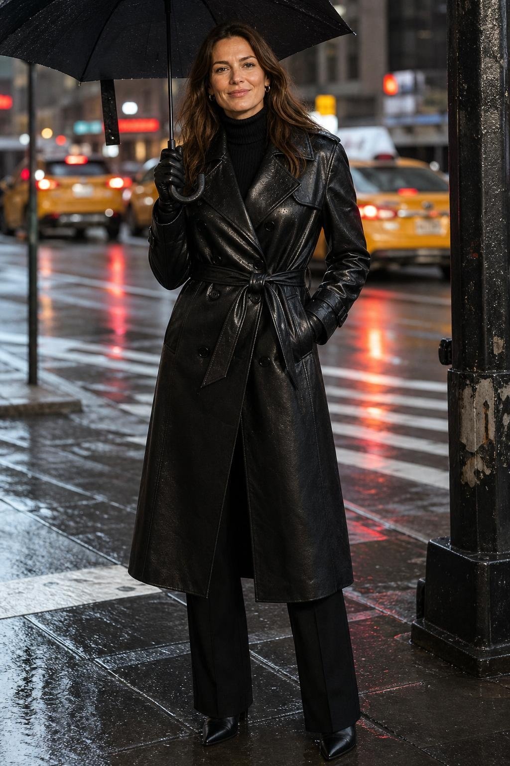 Black leather trench over black turtleneck and black trousers, pointed boots, rainy city crosswalk (option 1)