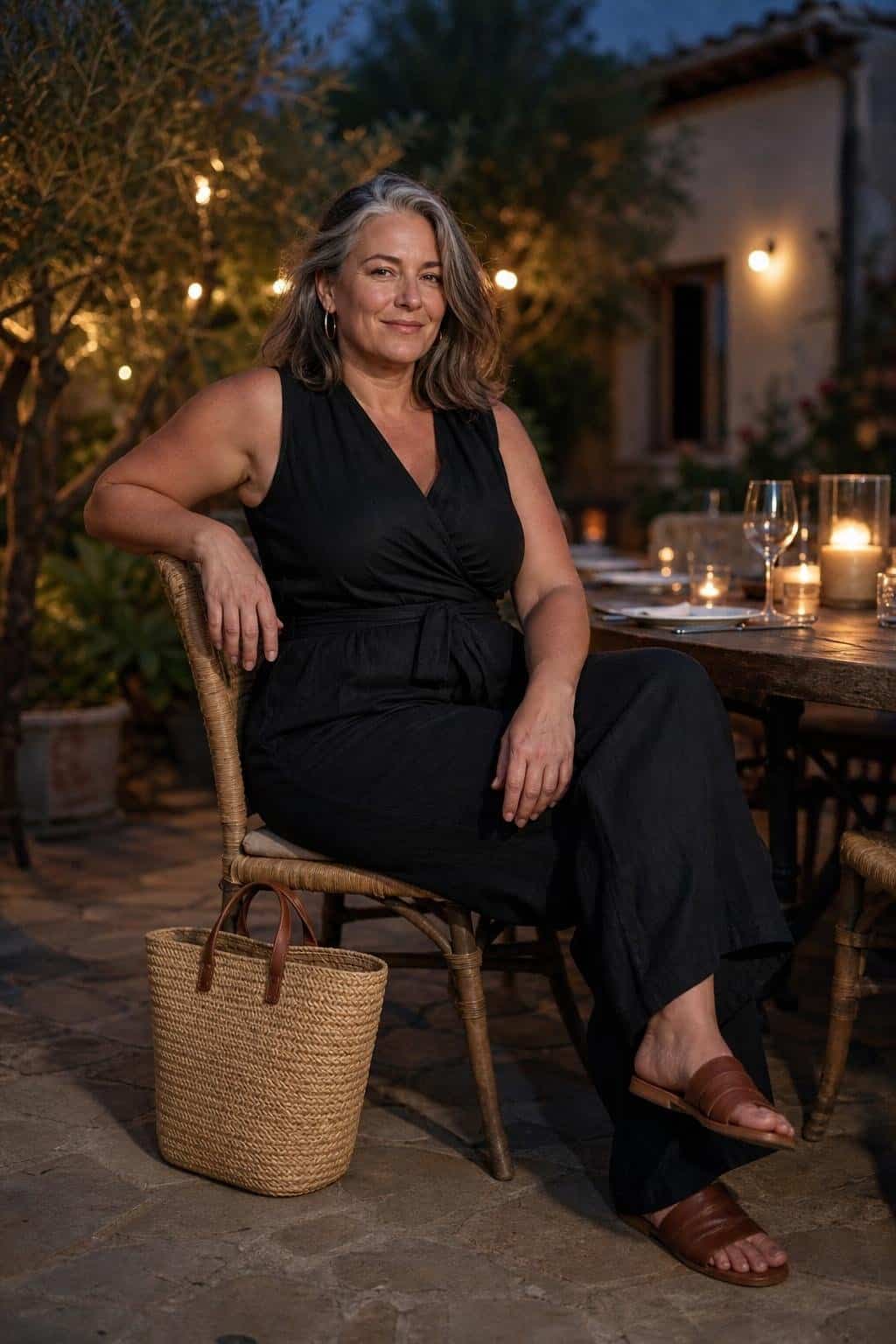 Black linen jumpsuit, leather slide sandals, straw tote, gold hoops, relaxed patio dinner (option 2)