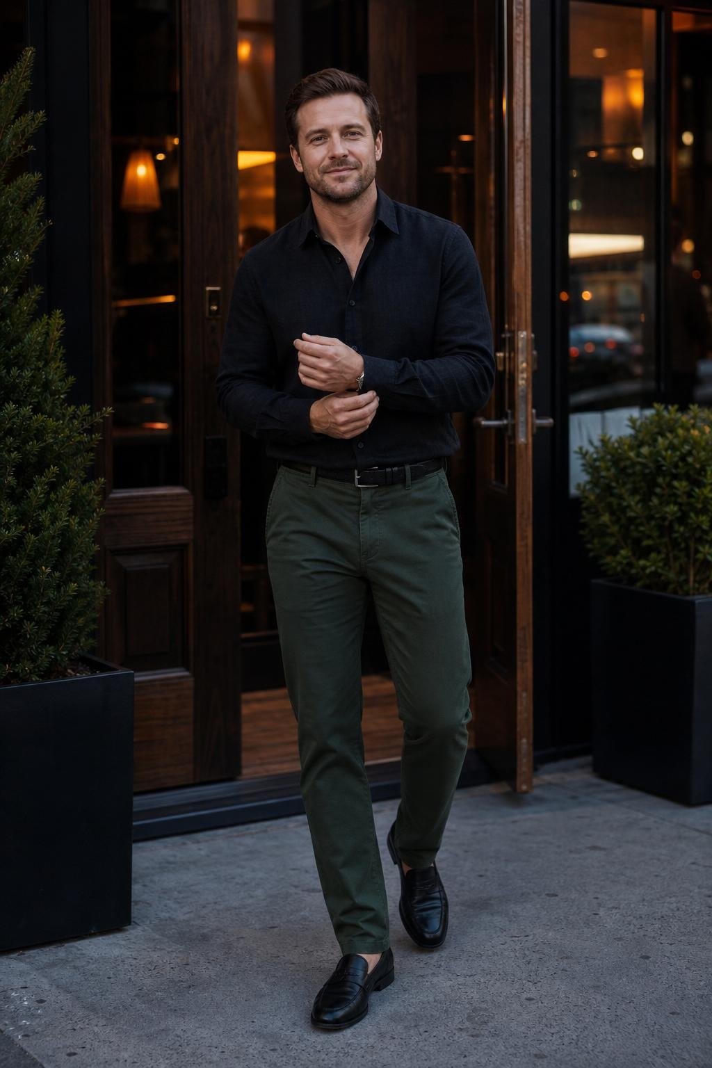 Black linen shirt, pine green chinos, black leather loafers, evening downtown work dinner (option 1)