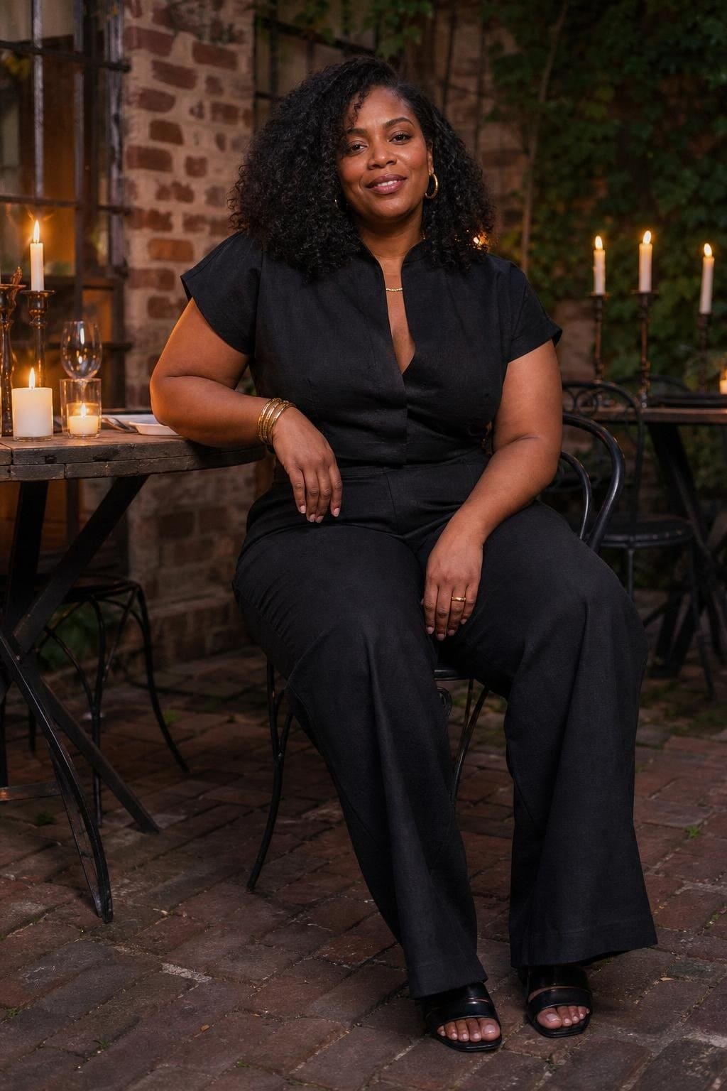 Black linen short-sleeve top, matching wide-leg pants, gold jewelry, black slides, candlelit patio dinner (option 2)