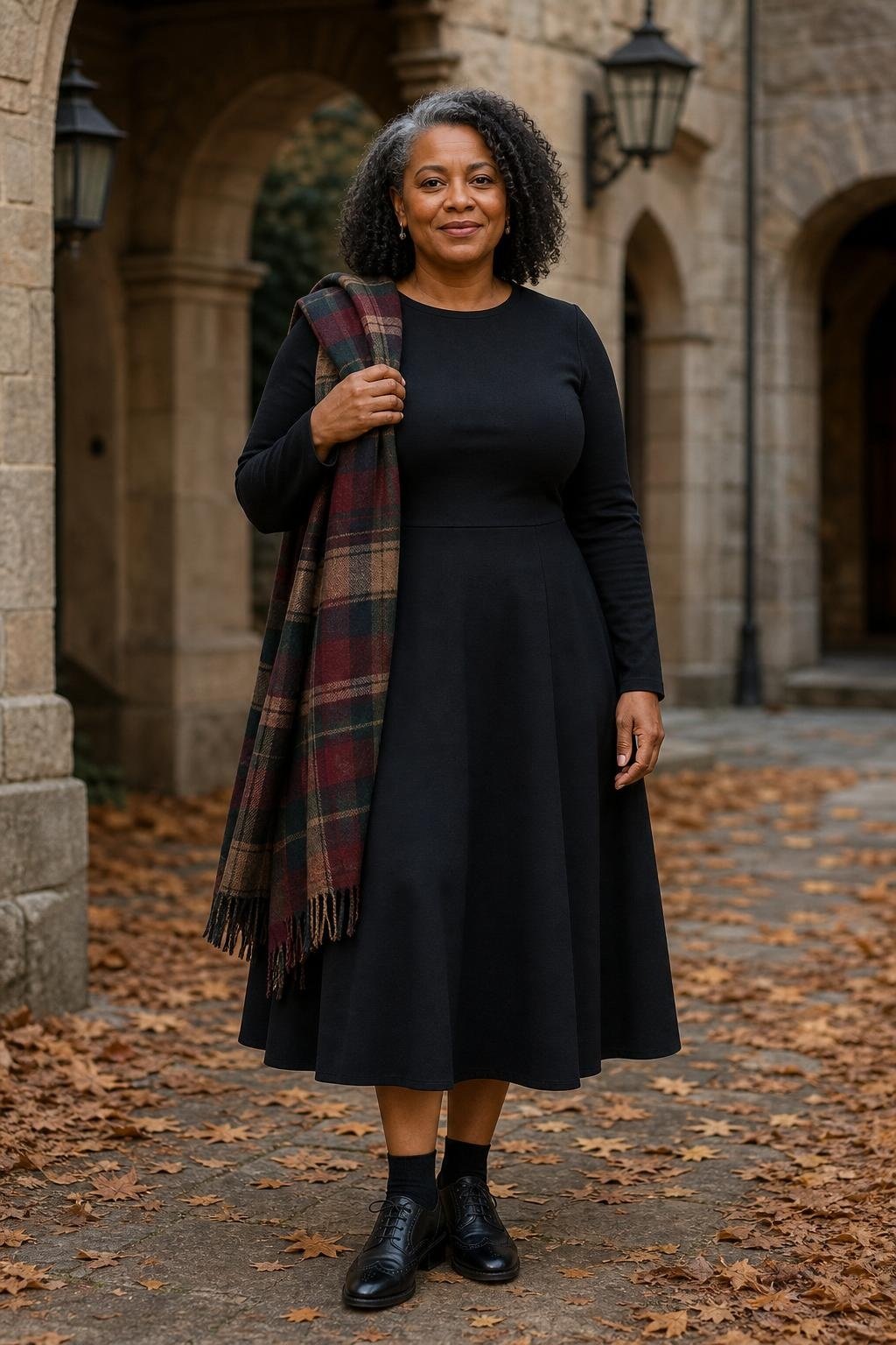 Black long-sleeve midi dress, plaid wool scarf, brogues, stone courtyard with fallen leaves (option 2)