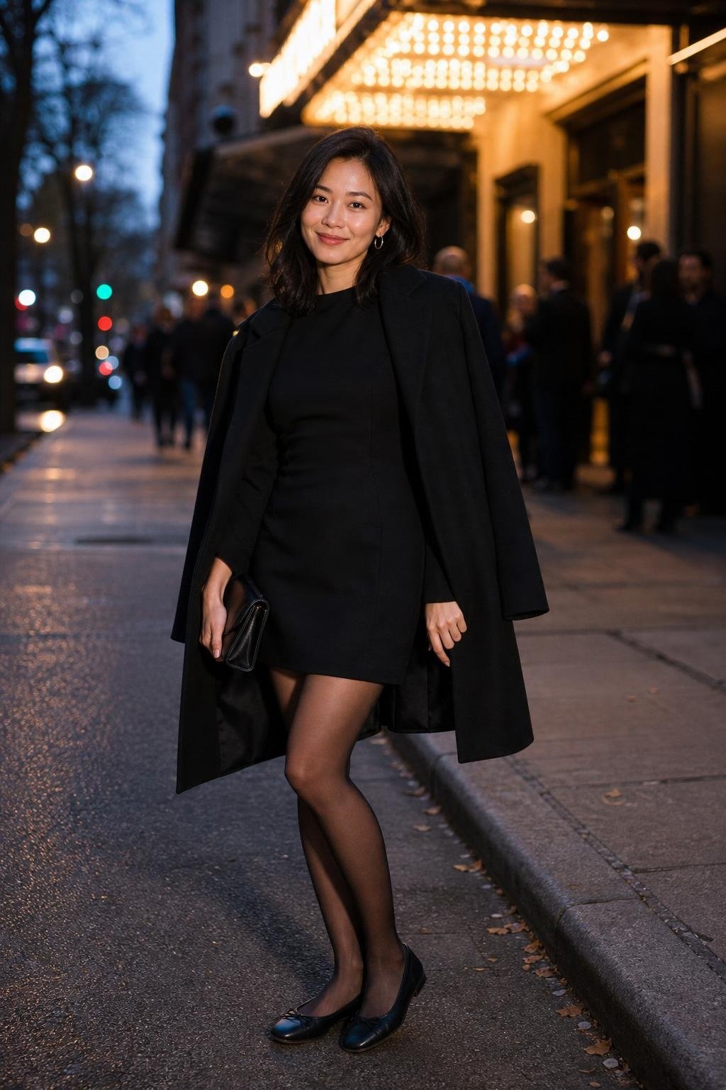 Black long-sleeve mini dress, sheer black tights, knee-length wool coat, ballet flats on an evening sidewalk (option 1)