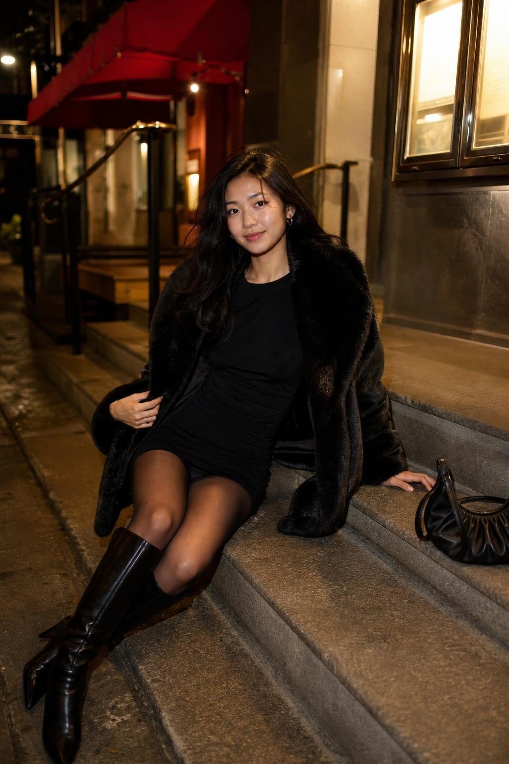 Black long-sleeve mini dress, sheer tights, black knee boots, faux fur coat, nighttime restaurant steps (option 1)