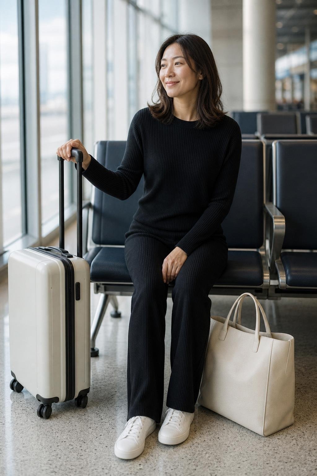 black matching knit top and straight pants, white sneakers, cream tote, airport terminal seating area (option 2)