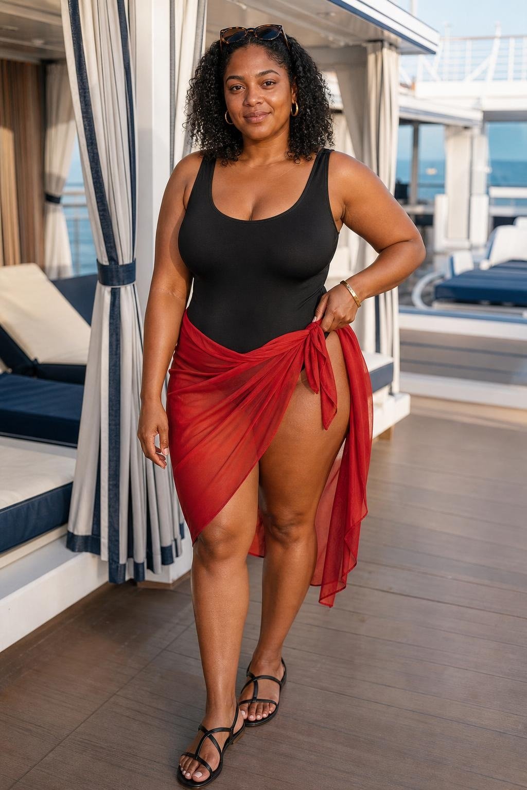 Black one-piece swimsuit with ruby red sarong and flat sandals near a cabana-lined pool deck (option 1)