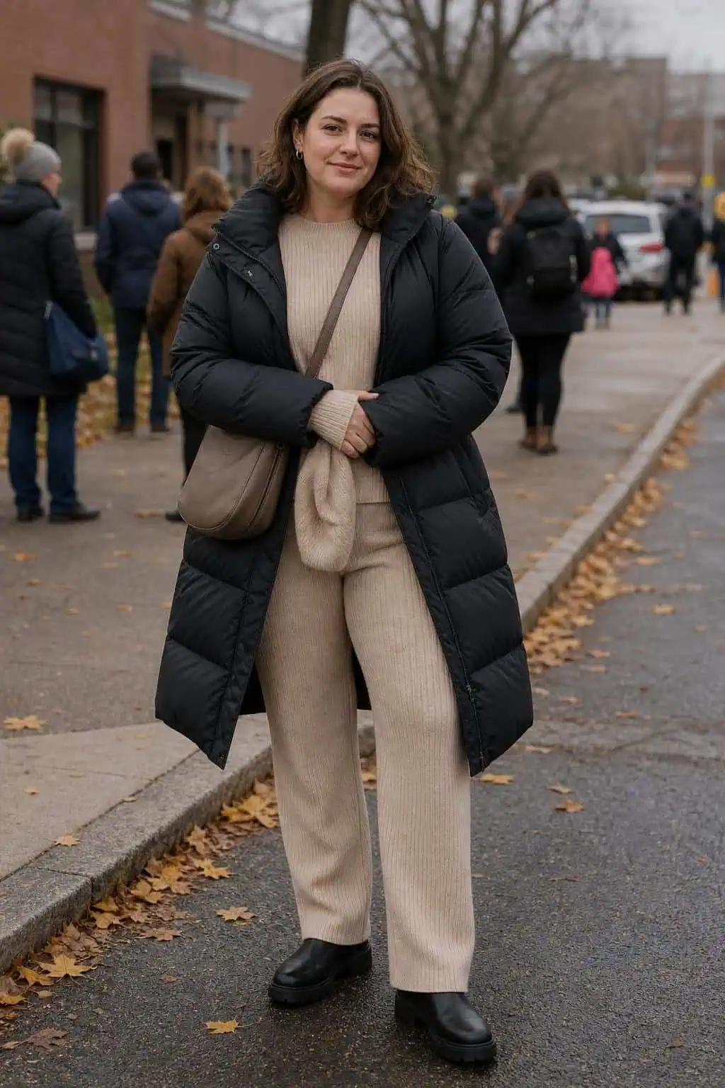 Black puffer coat, matching beige knit set, waterproof ankle boots, chilly school pickup line (option 2)
