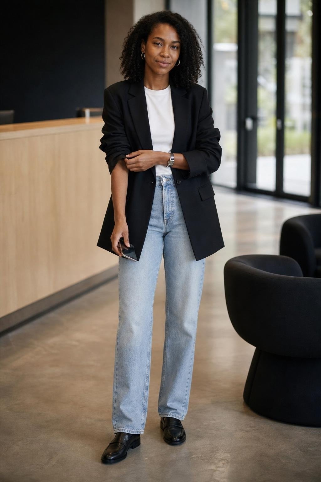 Black relaxed blazer, white crewneck tee, light straight-leg jeans, black loafers, casual office lobby (option 1)
