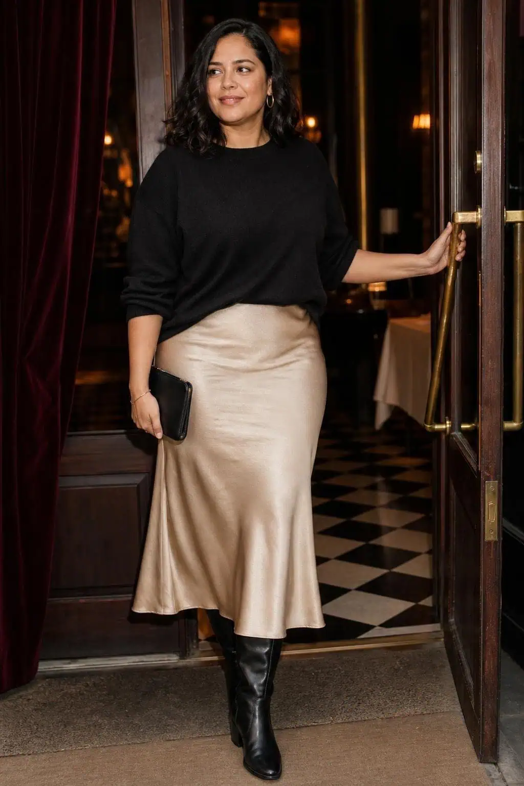 Black relaxed sweater tucked into champagne satin midi skirt, tall black boots, softly lit restaurant entry (option 2)