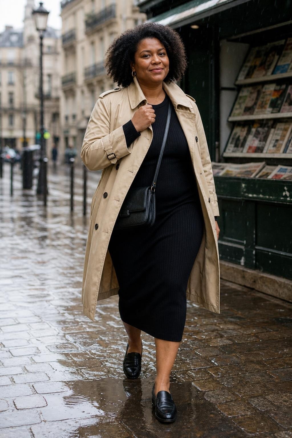Black ribbed knit midi dress, classic trench coat, black loafers, leather crossbody bag on a rainy street (option 2)