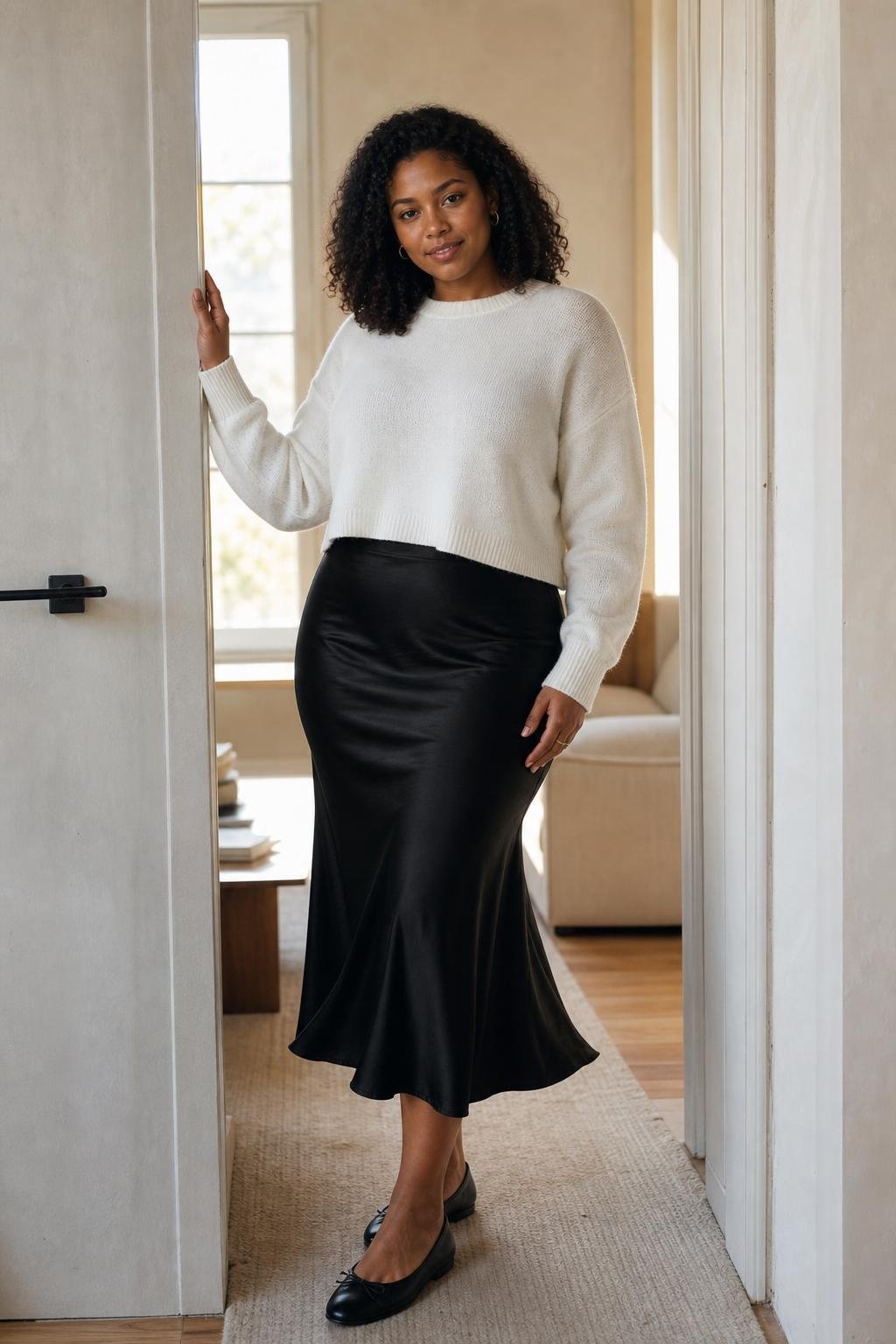 Black satin slip skirt, boxy white knit sweater, black ballet flats, minimalist apartment doorway (option 1)