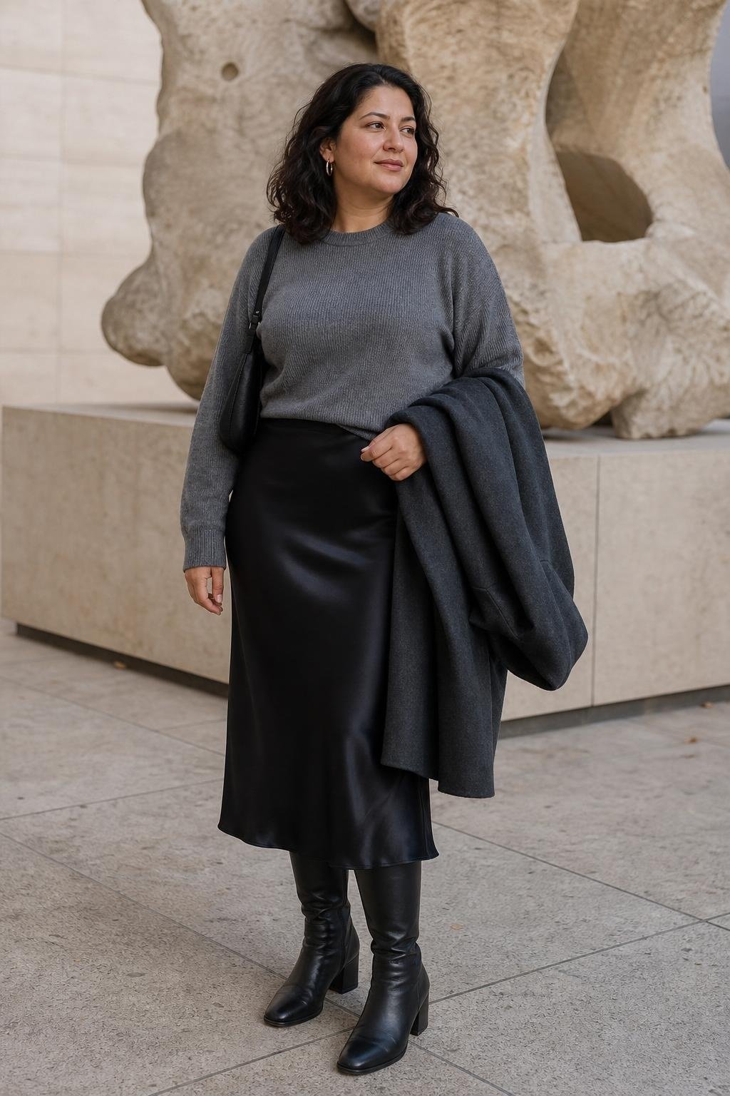 Black satin slip skirt with gray sweater, tall boots, simple coat, quiet museum afternoon mood (option 1)