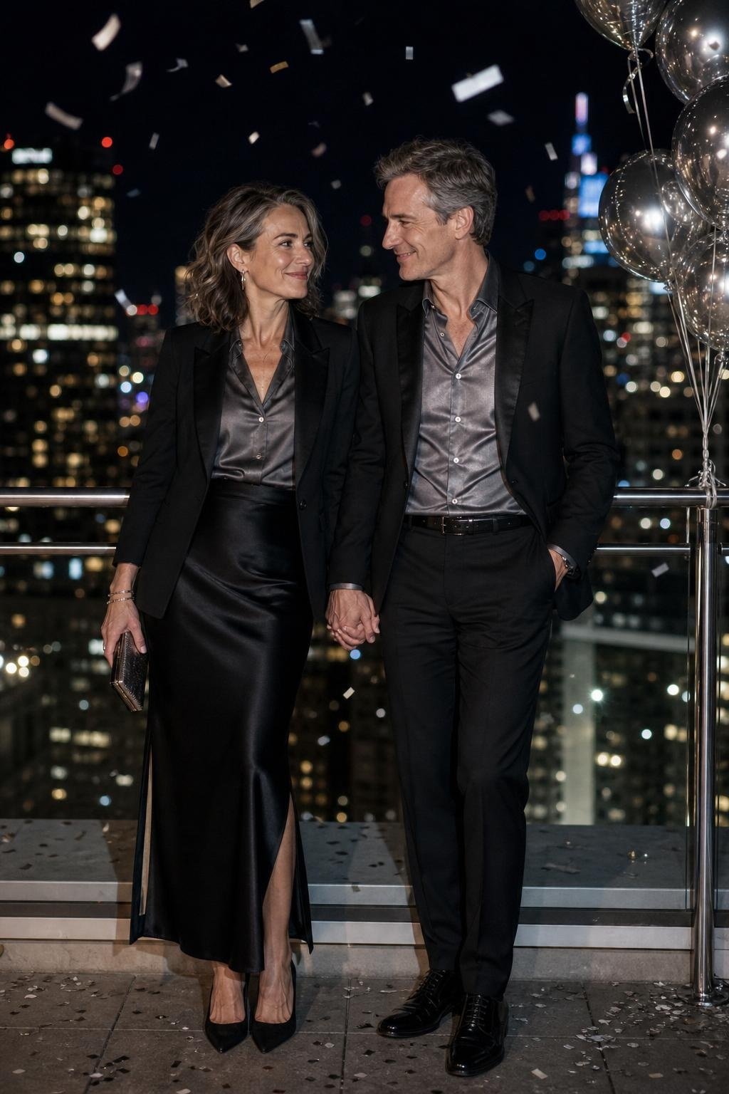 Black satin slip skirt with metallic pewter shirt, sharp blazer, city rooftop New Year mood (option 2)
