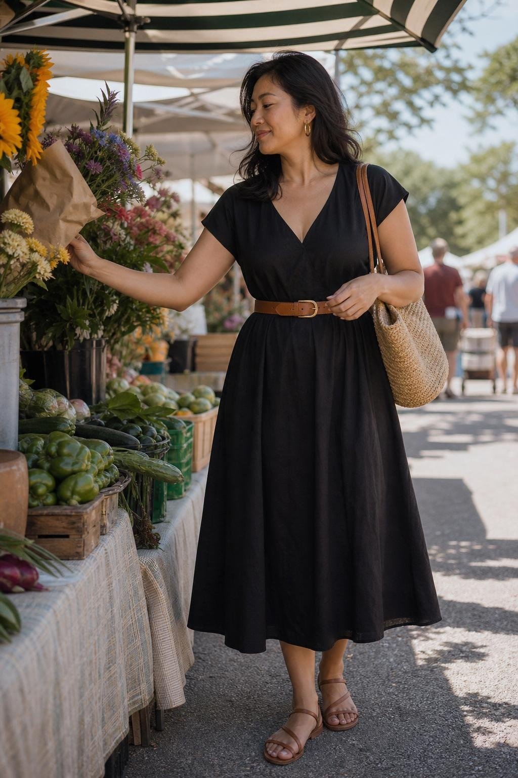 Black simple midi dress with tan belt, flat sandals, woven tote, sunny market morning scene (option 2)