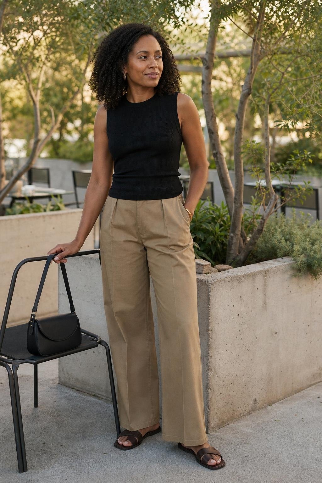 Black sleeveless knit top, khaki wide-leg pants, leather slides, modern garden restaurant (option 2)