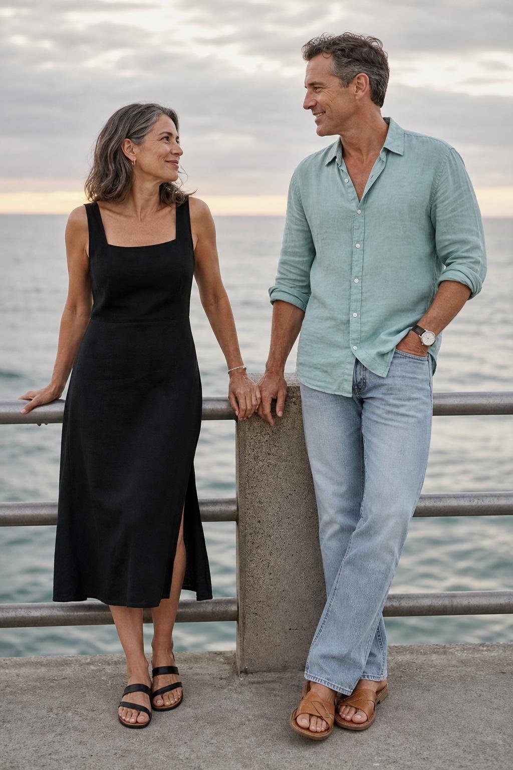 Black sleeveless midi dress, sea-glass aqua shirt, light wash jeans, flat sandals, modern beach pier portraits (option 1)