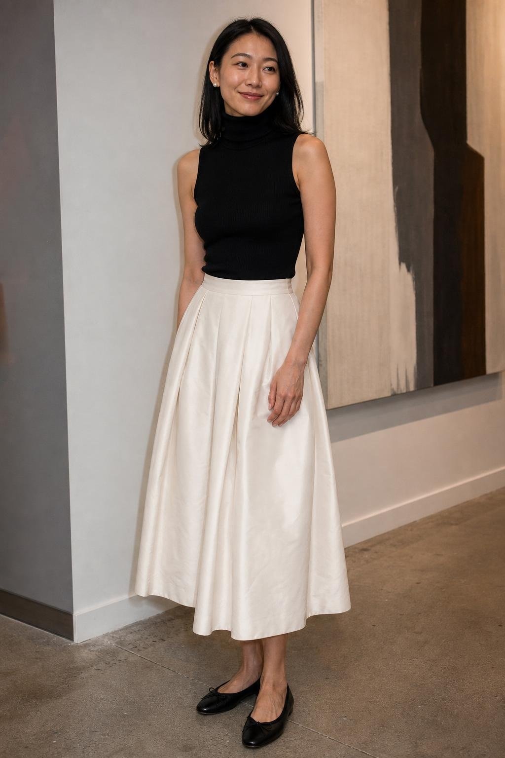 Black sleeveless turtleneck, ivory full midi skirt, black flats, pearl earrings, gallery opening with restrained polish (option 1)