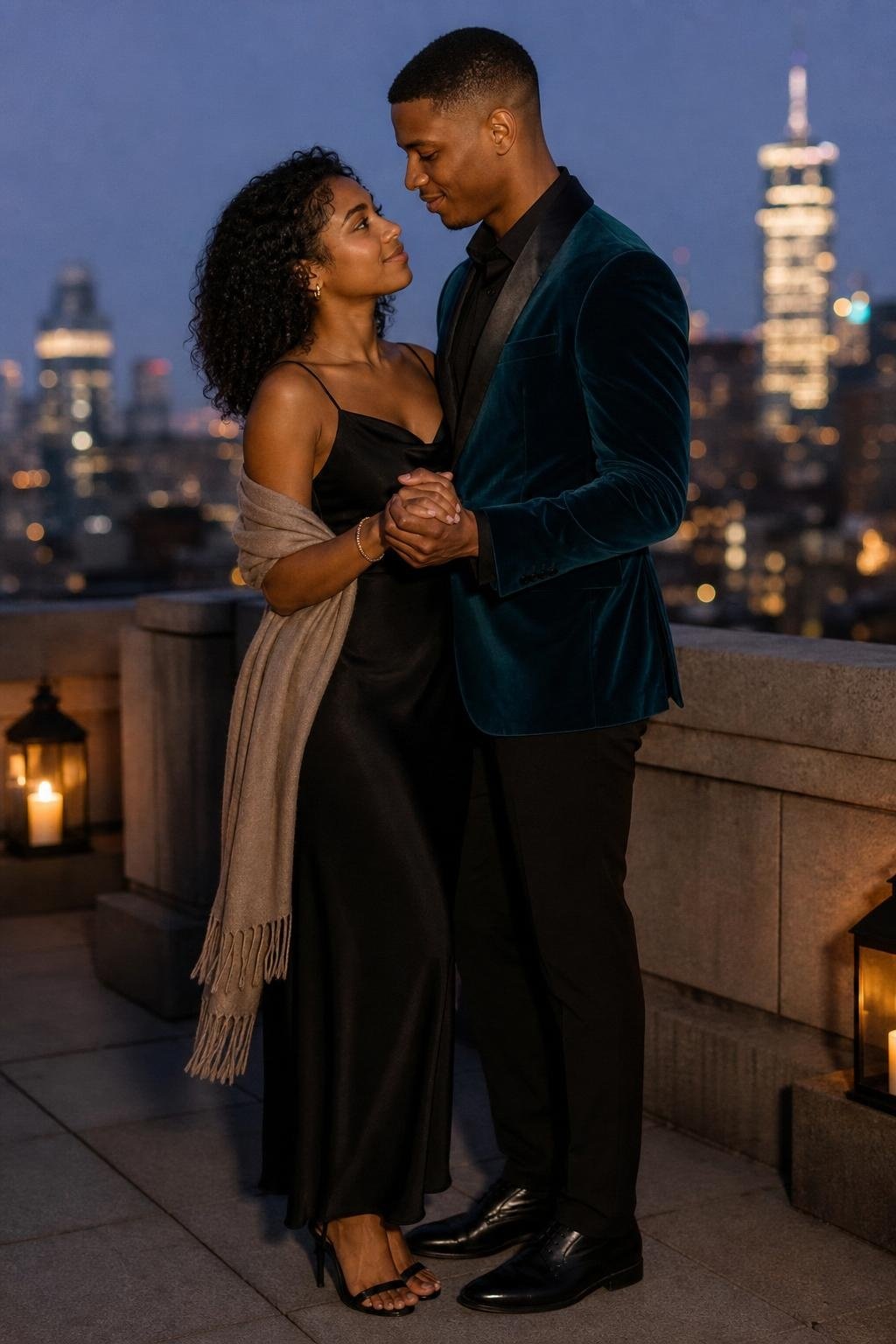 Black slip dress with taupe cashmere wrap and strappy sandals on a rooftop terrace (option 1)