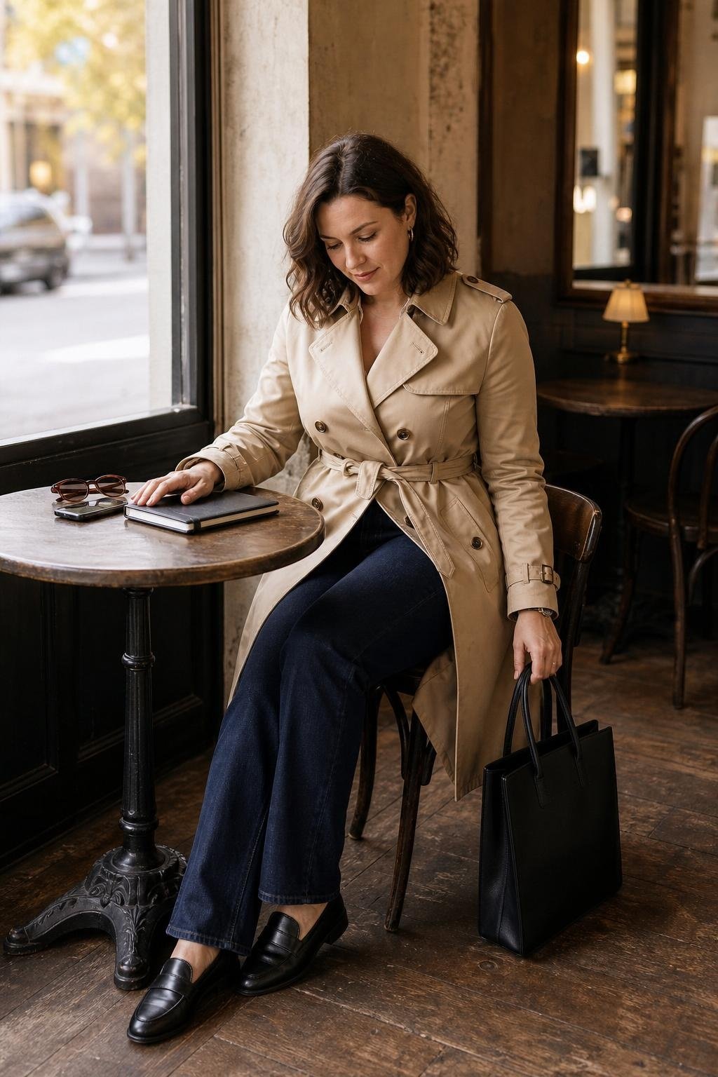 Black structured leather tote with beige trench, dark jeans, loafers, organized café table scene (option 1)