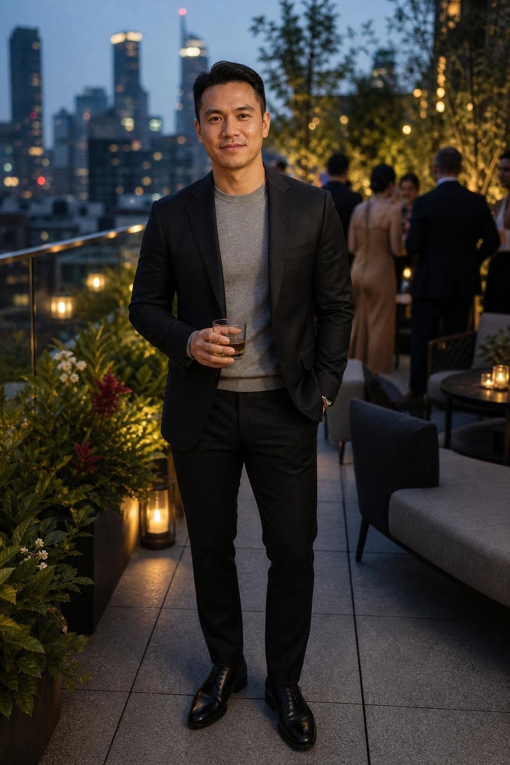 Black suit, heather gray crewneck sweater, black leather dress shoes, moody evening office event (option 2)