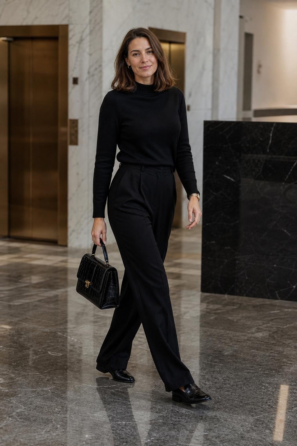 Black sweater, black tailored trousers, croc-embossed handbag, loafers, marble office lobby (option 1)