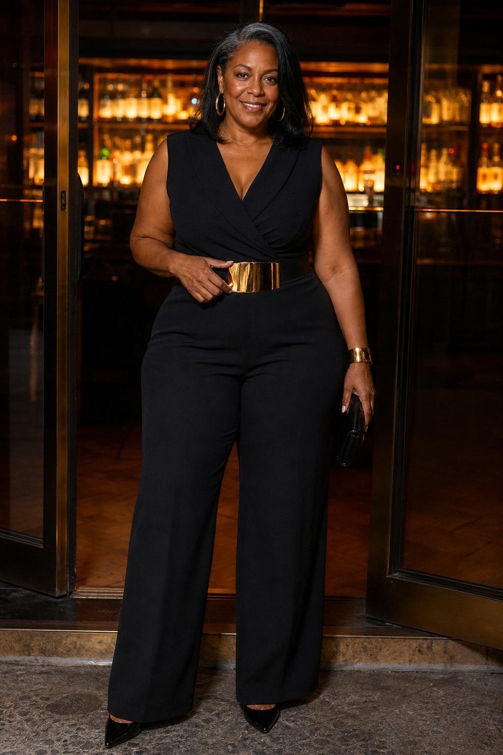 Black tailored jumpsuit, wide gold buckle belt, pointed heels, sleek bar entrance at night (option 1)