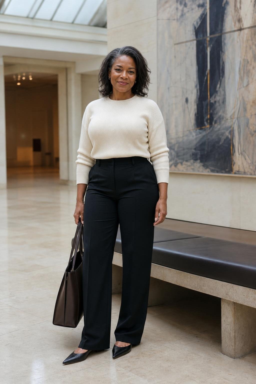Black tailored trousers with cream sweater, pointed flats, leather tote, museum lobby scene (option 1)