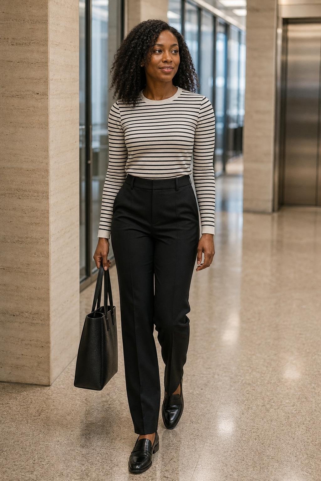 Black tailored trousers with striped knit, black loafers, structured tote, polished office hallway scene (option 1)
